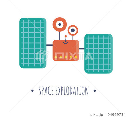 Vector satellite illustration for children. Bright and cute flat picture of smiling technics isolated on white background. Space exploration concept. 94969734