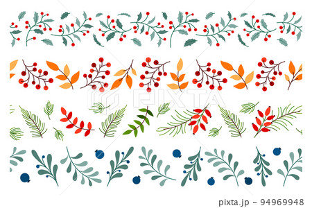 Christmas fall floral seamless border flat set. New year print pattern frame sticker stencil infinite holiday decorative ribbon scotch tape leaf berry branch evergreen plant winter vintage ornament 94969948
