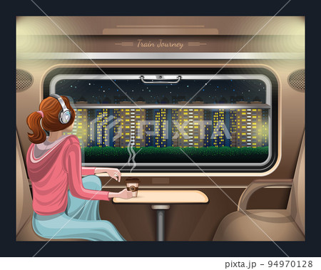 Girl looks at the night city from the train window 94970128