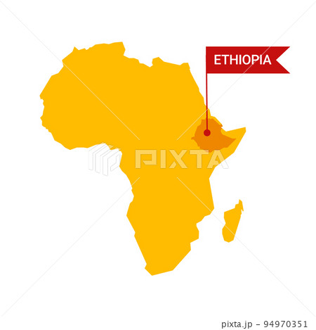 Ethiopia on an Africa s map with word Ethiopia on a flag-shaped marker.
