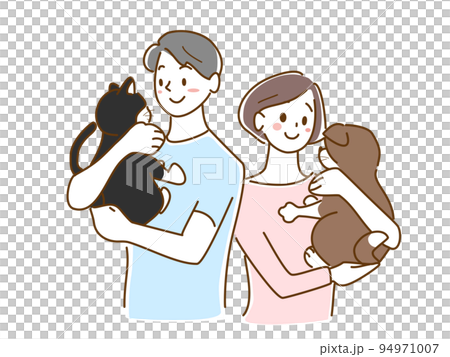 Man and woman holding a cat and a dog 94971007