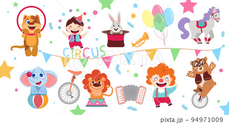 Cartoon artists, funny performers animals and circus decoration in amusement park 94971009
