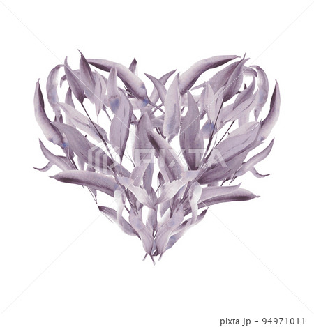 Tree leaf. Watercolor purple leaves. A set elements on a white background. Heart. 94971011