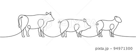 Farm animals one line continuous drawing. Pig, Sheep, Cow silhouettes. Farm animals continuous one line illustration. Isolated on white background. 94971300