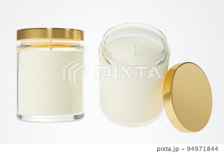 Aroma candle in clear glass jar with cotton wick and yellow gold lid 3D render different angles, branding and design ready commercial realistic wax candle mock-up 94971844