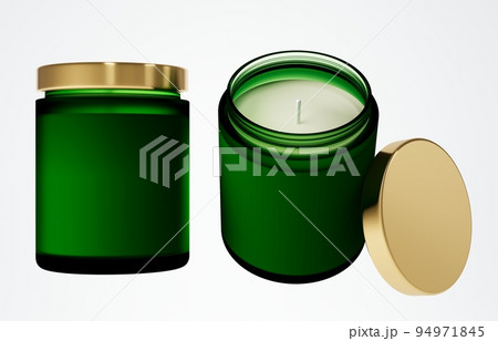 Aroma candle in green glass jar with cotton wick and yellow gold lid 3D render different angles, branding and design ready commercial realistic wax candle mock-up 94971845