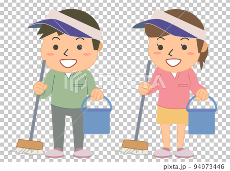 Man and woman golf players with mop and bucket 94973446