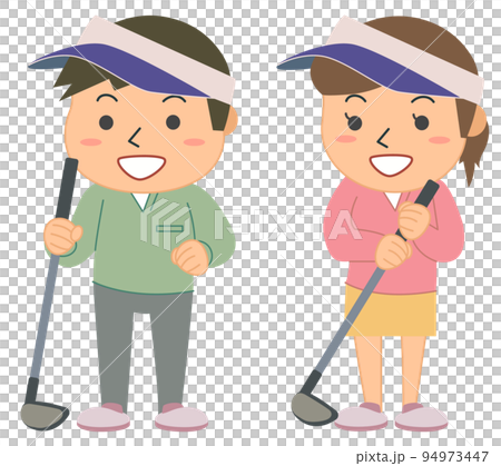 Male and female golf players with drivers 94973447