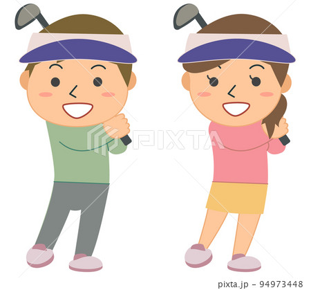 ドライバーをスイングする男女ゴルフプレイヤー ドライバーをスイングする男女ゴルフプレイヤー 94973448