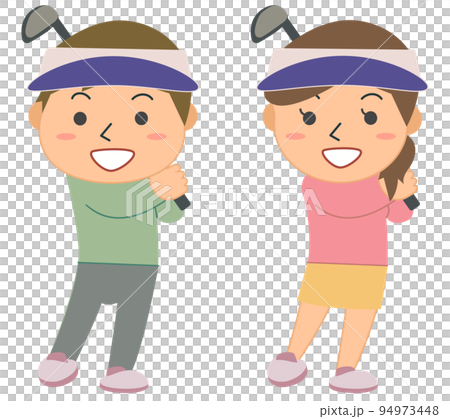 ドライバーをスイングする男女ゴルフプレイヤー ドライバーをスイングする男女ゴルフプレイヤー 94973448