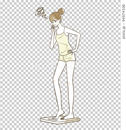 A woman who is worried about getting on the weight scale 94974106