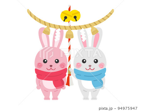 神社に参拝する ウサギのカップルのイラストのイラスト素材