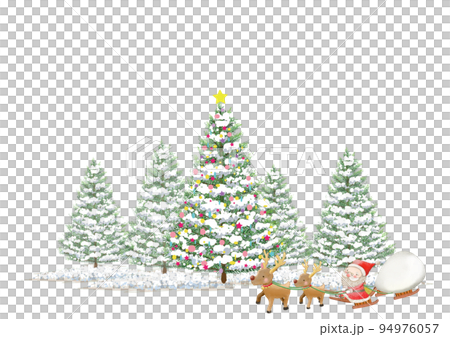 一幅聖誕老人騎著馴鹿和雪橇穿過有聖誕樹的白雪皚皚的森林的圖畫 一幅聖誕老人騎著馴鹿和雪橇穿過有聖誕樹的白雪皚皚的森林的圖畫 94976057