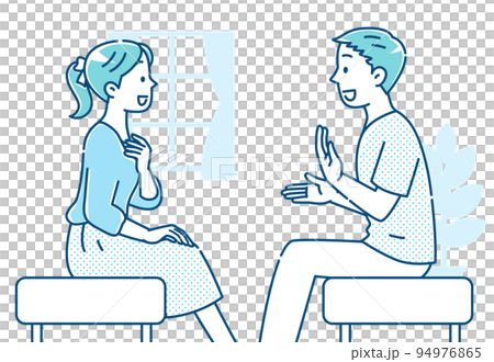 Young men and women having a conversation, blue tone, simple illustration, with background Young men and women having a conversation, blue tone, simple illustration, with background 94976865