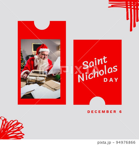 Composition of saint nicholas day text and santa claus at christmas with presents Composition of saint nicholas day text and santa claus at christmas with presents 94976866