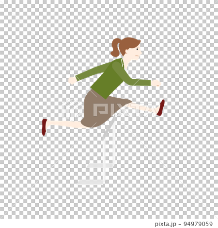 ハードルを飛び越えるビジネスウーマンのイラスト（白背景・ベクター・切り抜き） 94979059