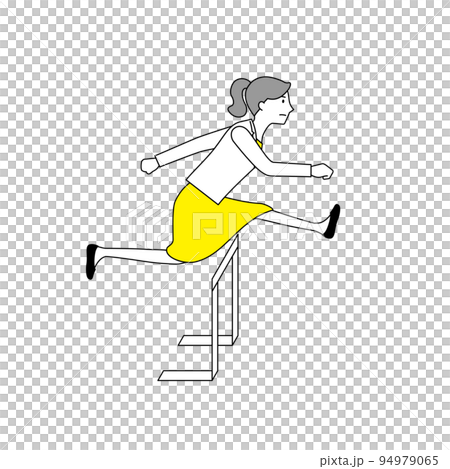 ハードルを飛び越えるビジネスウーマンのイラスト（白背景・ベクター・切り抜き） 94979065