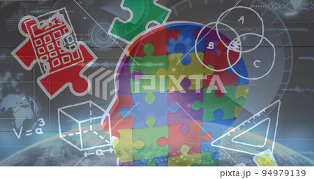 Image of colourful puzzle pieces and mathematical equations 94979139