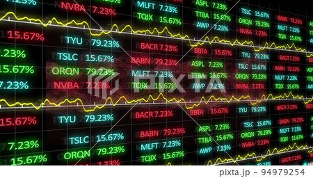 Digital image of stock market data processing against red digital wave on black background 94979254