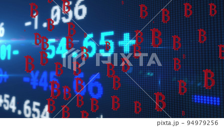Image of bitcoin symbols over stock market on black background Image of bitcoin symbols over stock market on black background 94979256