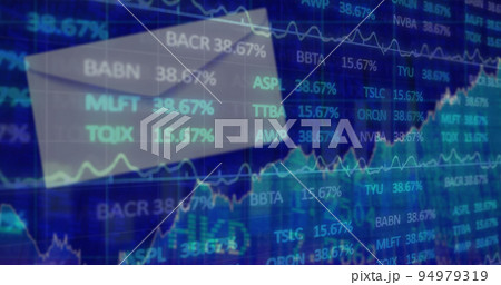 Financial and stock market data processing against white envelope on blue background Financial and stock market data processing against white envelope on blue background 94979319