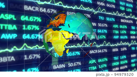 Digital image of spinning globe against stock market data processing on blue background Digital image of spinning globe against stock market data processing on blue background 94979320