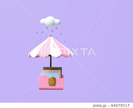 cloud folder with shield insecure, raindrop,umbrella on purple. 94979517