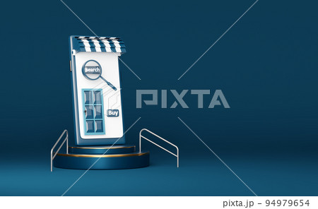 mobile phone or smartphone store front with cylinder podiumin,handrail isolated on blue background ,pedestal showcase for modern,online shopping or search data concept,3d illustration or 3d render mobile phone or smartphone store front with cylinder podiumin,handrail isolated on blue background ,pedestal showcase for modern,online shopping or search data concept,3d illustration or 3d render 94979654