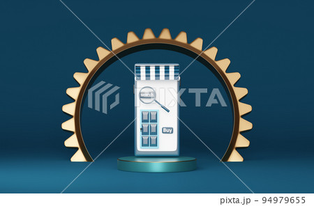 mobile phone or smartphone store front with cylinder podiumin,gear isolated on blue background ,pedestal showcase for modern,online shopping or search data concept,3d illustration or 3d render 94979655