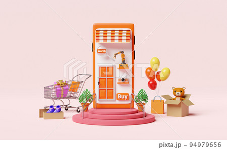 stage podium with orange mobile phone or smartphone store front,balloon,cart,paper bags,goods cardboard box,shopping paper bags,online shopping summer sale concept, 3d illustration or 3d render 94979656