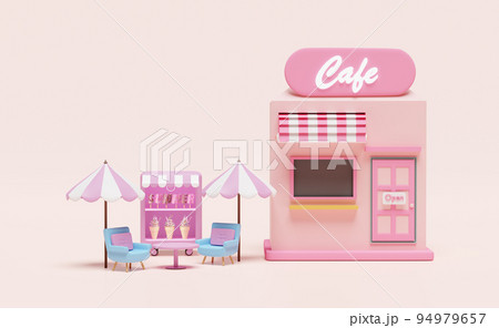 shop store cafe with ice cream showcases or fridge,coffee table, umbrella isolated on pink background,3d illustration or 3d render shop store cafe with ice cream showcases or fridge,coffee table, umbrella isolated on pink background,3d illustration or 3d render 94979657