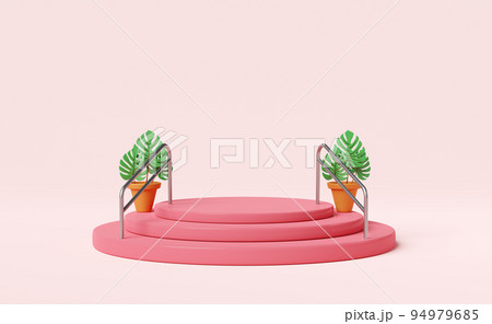 stage podium empty with stairs,handrail,leaf monstera in pink composition for modern stage display and minimalist mockup ,abstract showcase background ,Concept 3d illustration or 3d render 94979685