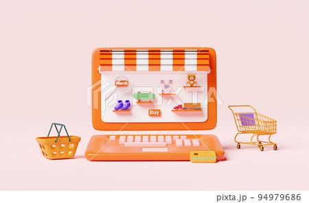 orange computer monitor with store front,magnifying,teddy bear,truck,skateboard,drone,cart,credit card isolated on pink background,online shopping or search data concept,3d illustration or 3d render 94979686