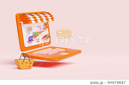 orange computer monitor with store front,magnifying,teddy bear,truck,skateboard,drone,cart,credit card isolated on pink background,online shopping or search data concept,3d illustration or 3d render 94979687