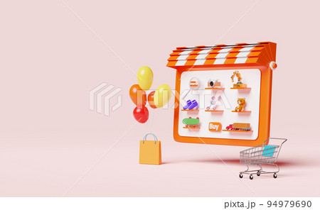 orange tablet or mobile phone or smartphone with store front,magnifying,teddy bear,truck,skateboard,drone,cart isolated on pink,online shopping or search data concept,3d illustration or 3d render 94979690