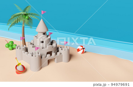 sand castle with towers,fort,gates and flags,sandy beach,palms,coconut,sea background.summer travel vacation concept,3d illustration or 3d render 94979691