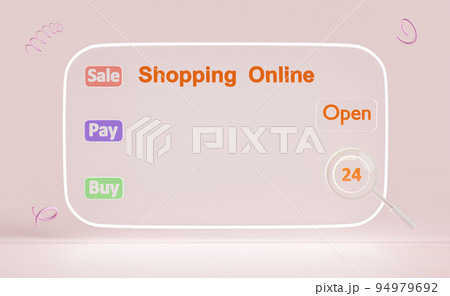 tablet with store front,buy,sale,pay,open 24 label tag isolated on orange  background.online shopping concept,3d illustration or 3d render 94979692