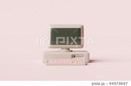 Old desktop computer monitor with blank screen,keyboard isolated on pink background.concept 3d illustration or 3d render 94979697