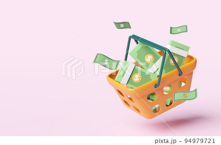 dollar banknote pile with shopping cart isolated on pink background ,economic movements or business finance concept ,3d illustration or 3d render dollar banknote pile with shopping cart isolated on pink background ,economic movements or business finance concept ,3d illustration or 3d render 94979721