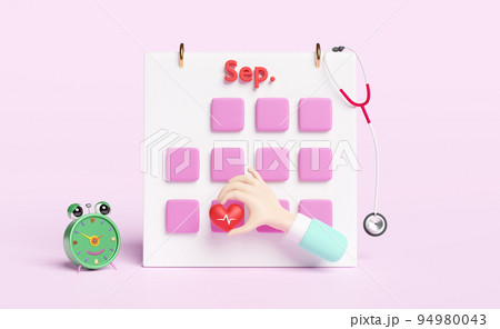 Calendar date with cartoon doctor hands holding red heart and blood pressure heart rate,stethoscope,green alarm clock  isolated on pink background ,world heart day concept,3d illustration or 3d render 94980043