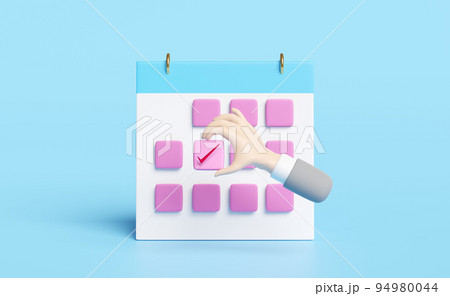Calendar date with businessman hand,check mark isolated on blue background.concept 3d illustration or 3d render 94980044
