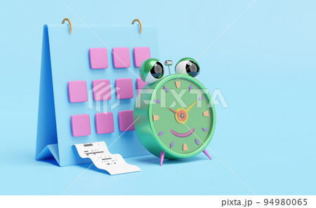 cartoon character alarm clock wake-up time morning with calendar,invoice or paper check receipt,space isolated on blue background.concept 3d illustration or 3d render 94980065
