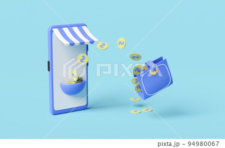 wallet and mobile phone or smartphone with store front, with coins saving money concept isolated on blue background ,3d illustration or 3d render 94980067