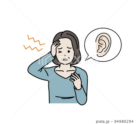 耳鳴り　耳が痛い中年の女性　異音　中耳炎　病気　症状　イラスト 94980294