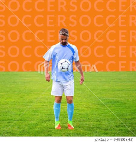 Square image of multiplied soccer and caucasian male player with ball 94980342