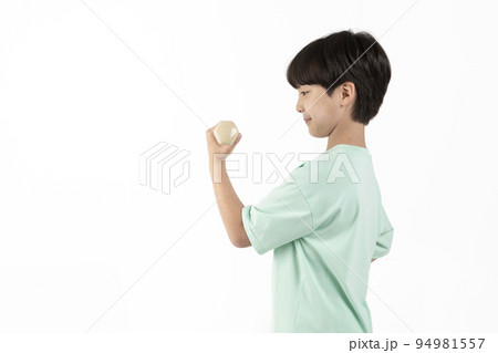 Korean young girl wearing gym clothes in white background studio__dumbbell 94981557