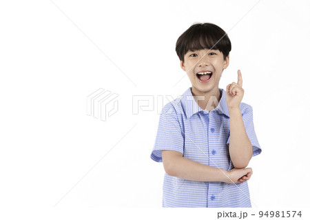Korean young boy wearing summer blue half sleeve shirt in white background studio_aha, my goodness hand motion Korean young boy wearing summer blue half sleeve shirt in white background studio_aha, my goodness hand motion 94981574