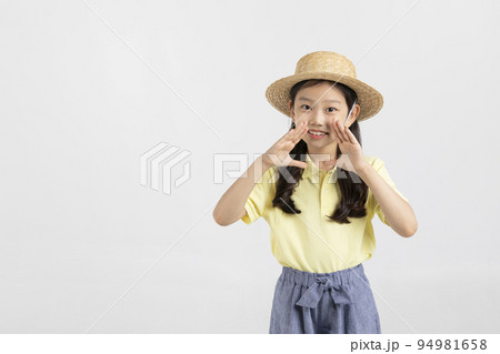 Korean young girl wearing gym clothes in white background studio__hooray hand motion 94981658