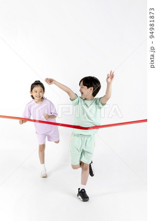 Korean boy and girl_fitness and exercise concept in white background__crossed the finishing line Korean boy and girl_fitness and exercise concept in white background__crossed the finishing line 94981873