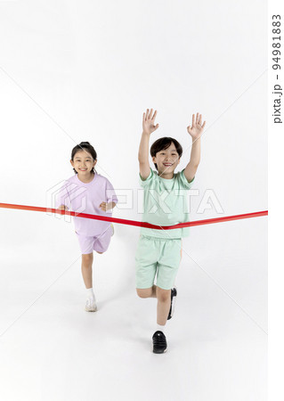 Korean boy and girl_fitness and exercise concept in white background__crossed the finishing line Korean boy and girl_fitness and exercise concept in white background__crossed the finishing line 94981883
